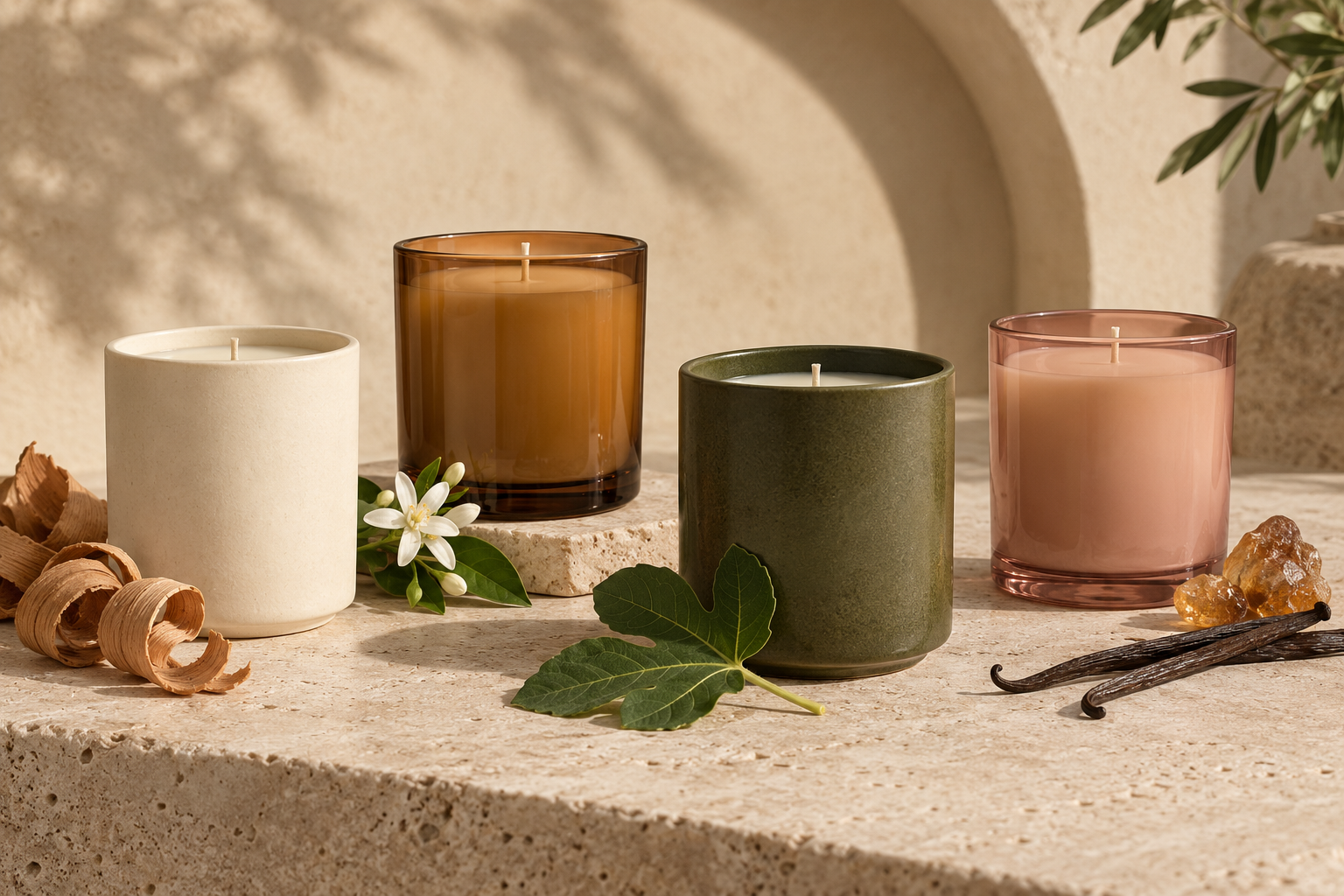 Four premium candle vessels in cream, amber, olive and rose